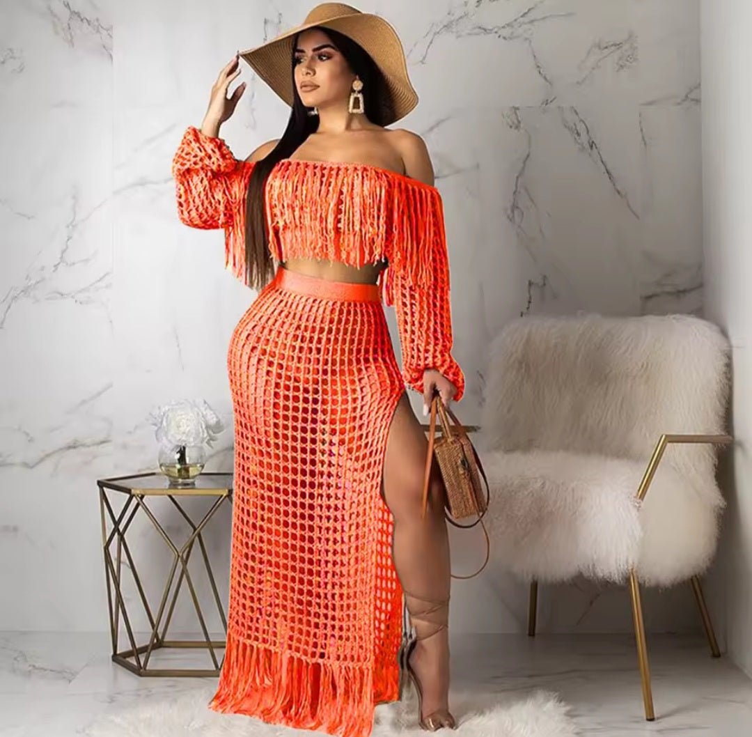 Skirt 2 Piece Set Women Beach Long Skirts Suit Top Off Shoulder Tassels Sexy Hollow Out Ensemble 2025 Summer Female Outfits - GLITCH - BELLE