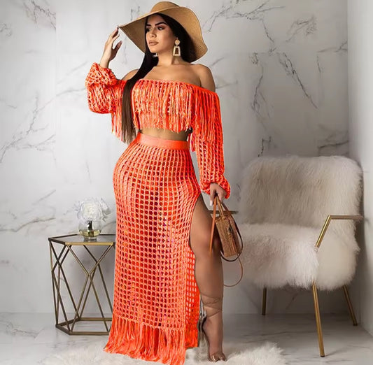 Skirt 2 Piece Set Women Beach Long Skirts Suit Top Off Shoulder Tassels Sexy Hollow Out Ensemble 2025 Summer Female Outfits