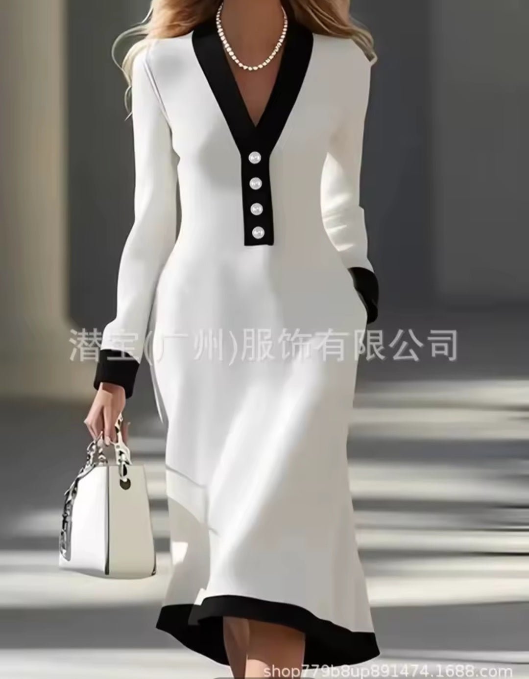 Color - Block Button V - Neck Long Sleeve Slim Maxi Dress – Women's Elegant Office Dress 2026 - GLITCH - BELLE