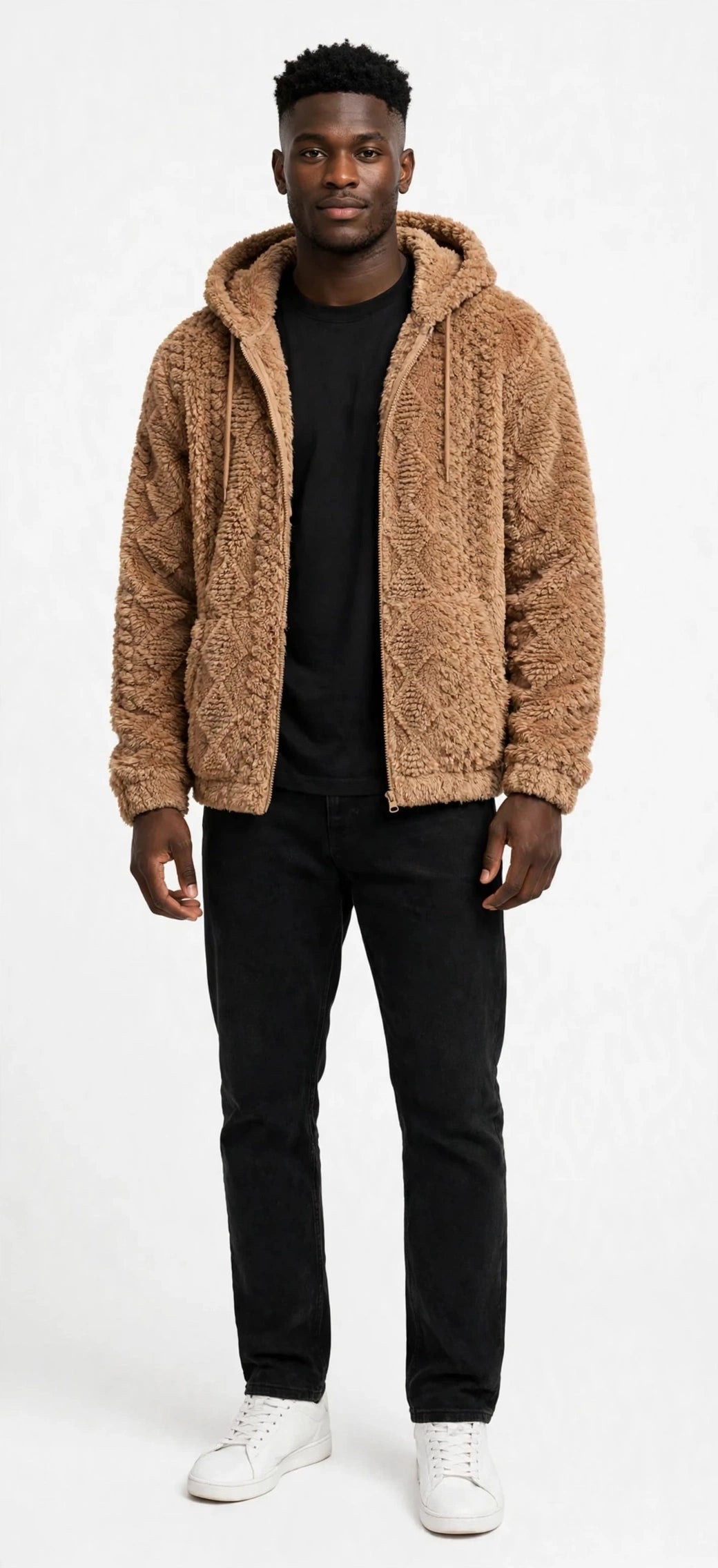 Jacquard Plush Zip-Up Hoodie Cardigan – Men's