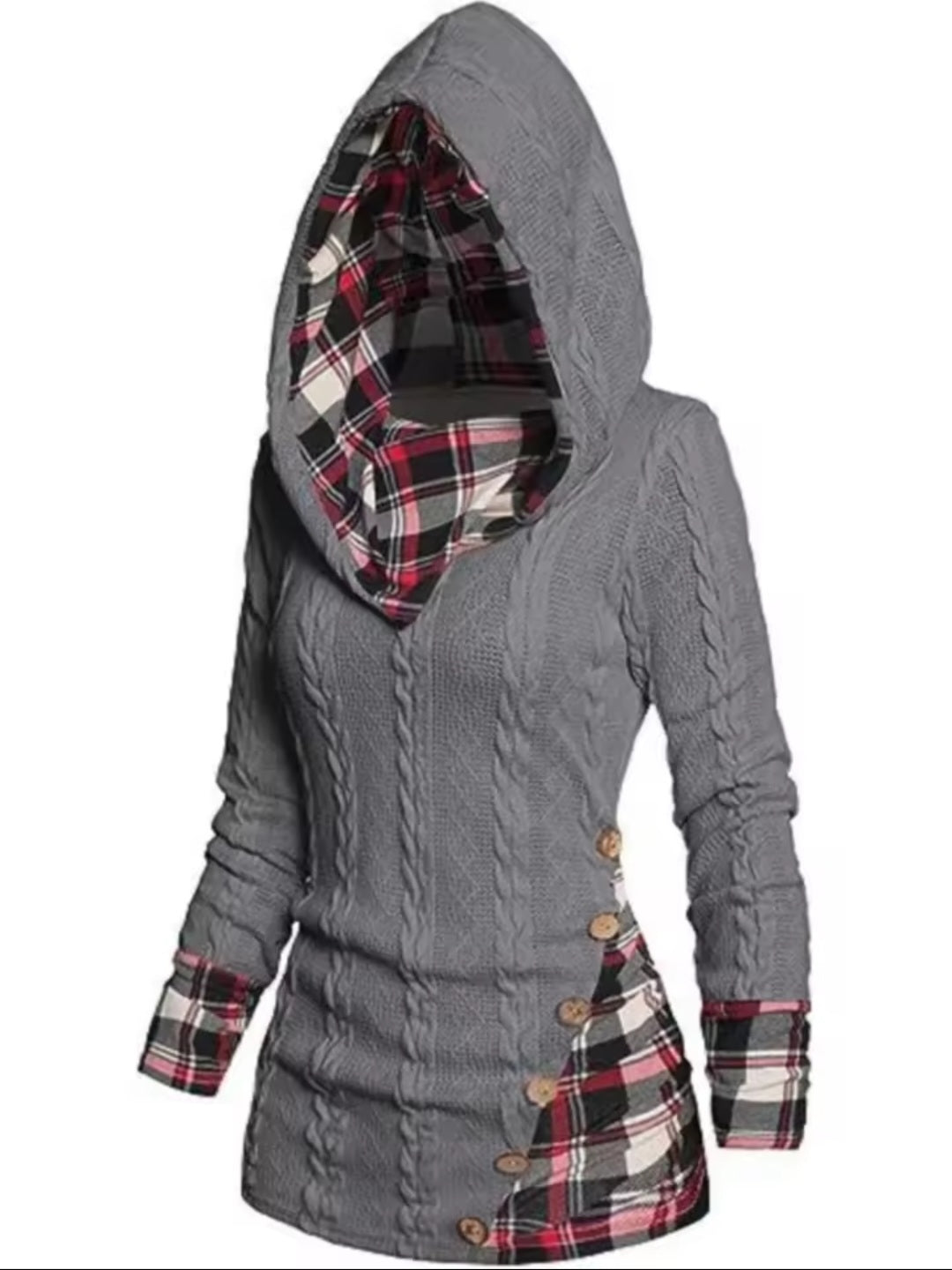 Twisted Cable Knit Plaid Hooded Pullover Sweater – Women's Casual Long Sleeve Top - GLITCH - BELLE