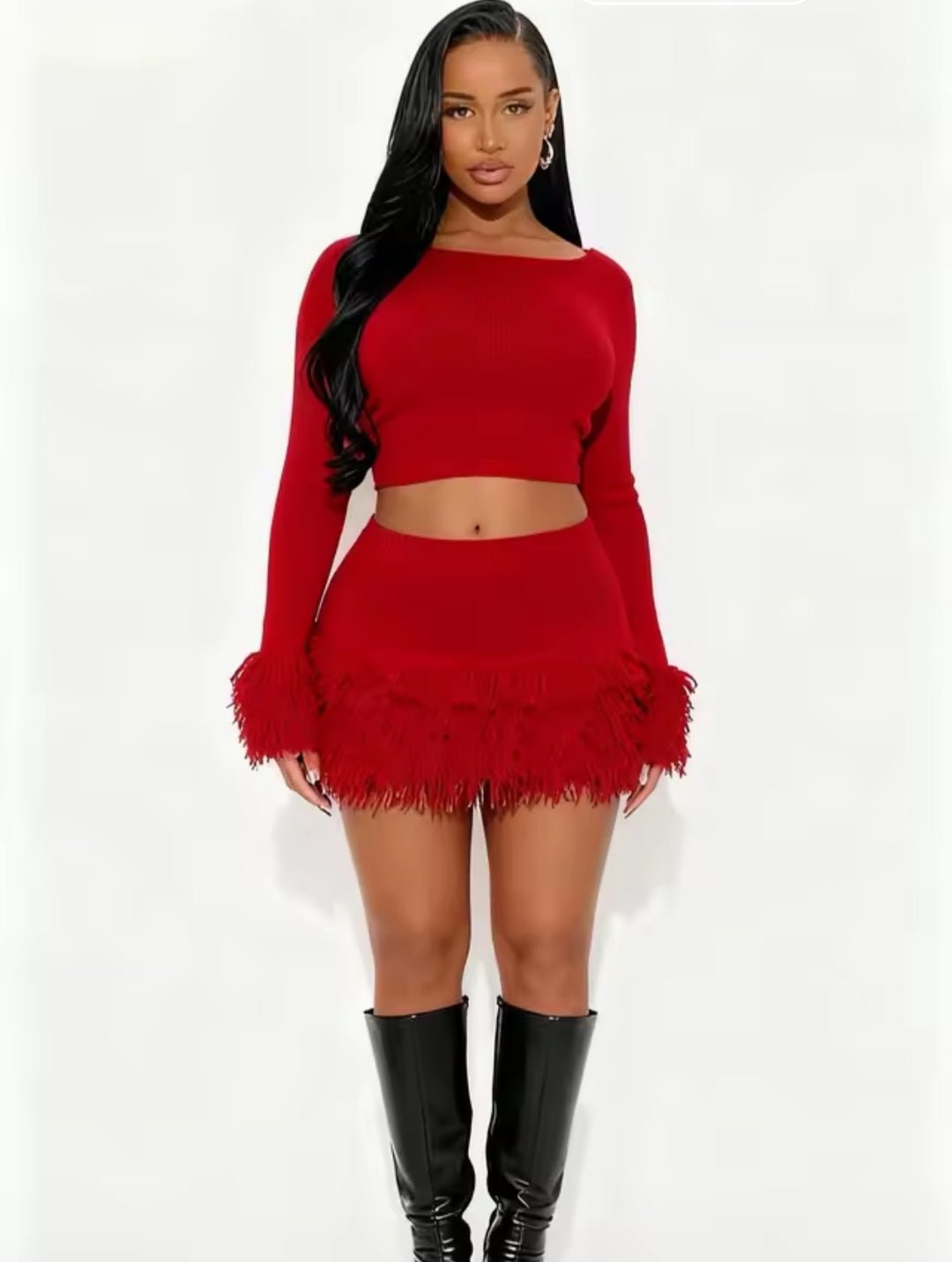 Winter Tassel 2 - Piece Set – Long Sleeve Crop Top & Mini Skirt Streetwear Outfit - GLITCH - BELLE