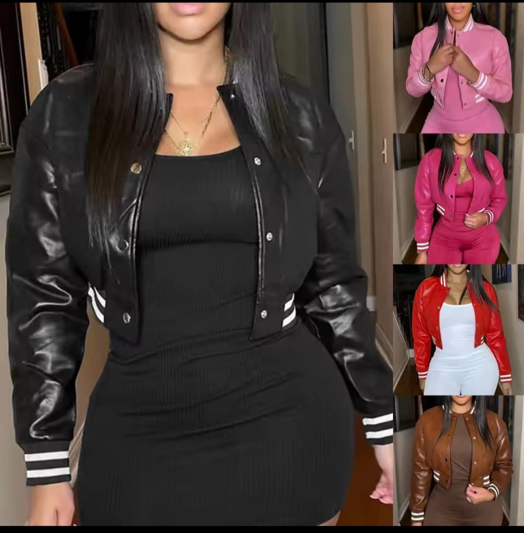 Black leather jacket with white accents worn by a person, with additional images of similar jackets in different colors.