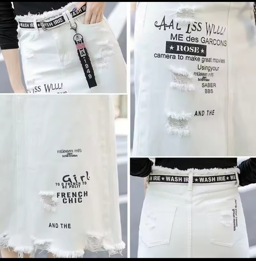 White Denim Letter Print Maxi Skirt - GLITCH - BELLE
