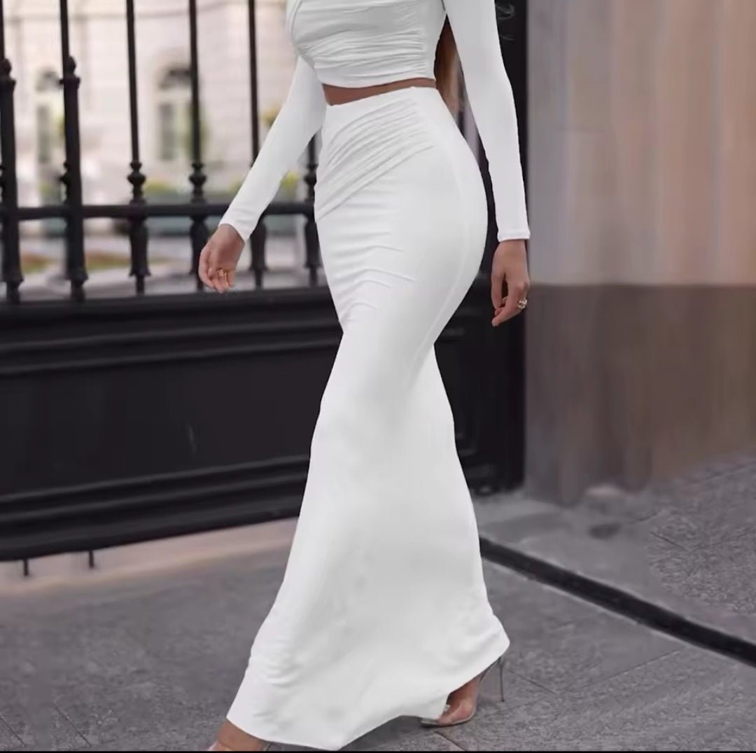 Women's 2 Piece Vacation Set - Long Sleeve Crop Top & High Waist Bodycon Skirt - GLITCH - BELLE