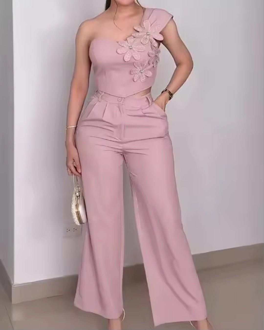 Rhinestone 3D Floral One Shoulder Sleeveless Shirred Back Top & High Waist Wide Leg Pants 2 - Piece Set - GLITCH - BELLE