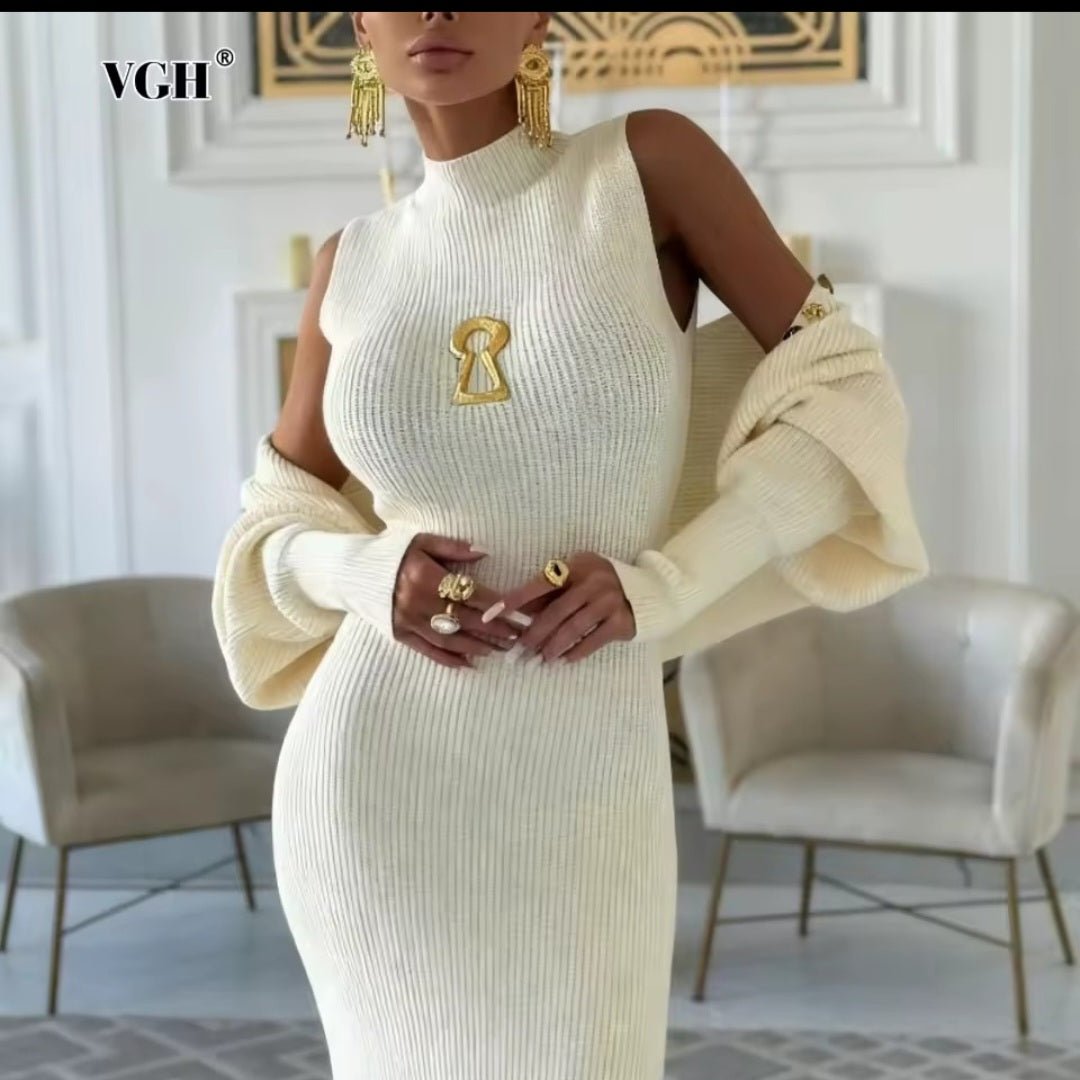 VGH Two Piece Set for Women Stand Collar Sleeveless High Waist Bodycon Vest Dress with Long Sleeve Coat Knitted Suit Female - GLITCH - BELLE