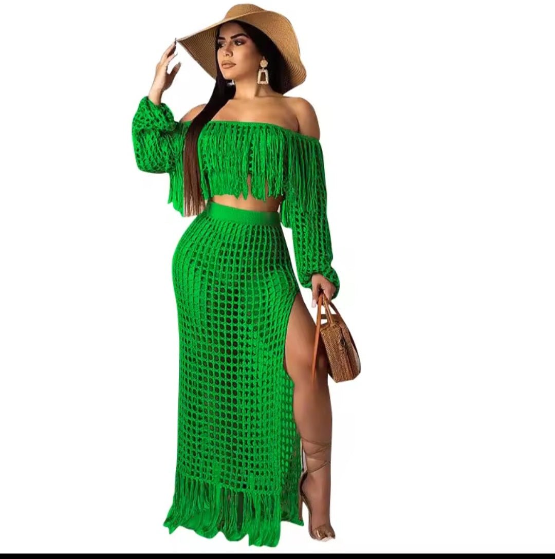 Skirt 2 Piece Set Women Beach Long Skirts Suit Top Off Shoulder Tassels Sexy Hollow Out Ensemble 2025 Summer Female Outfits - GLITCH - BELLE