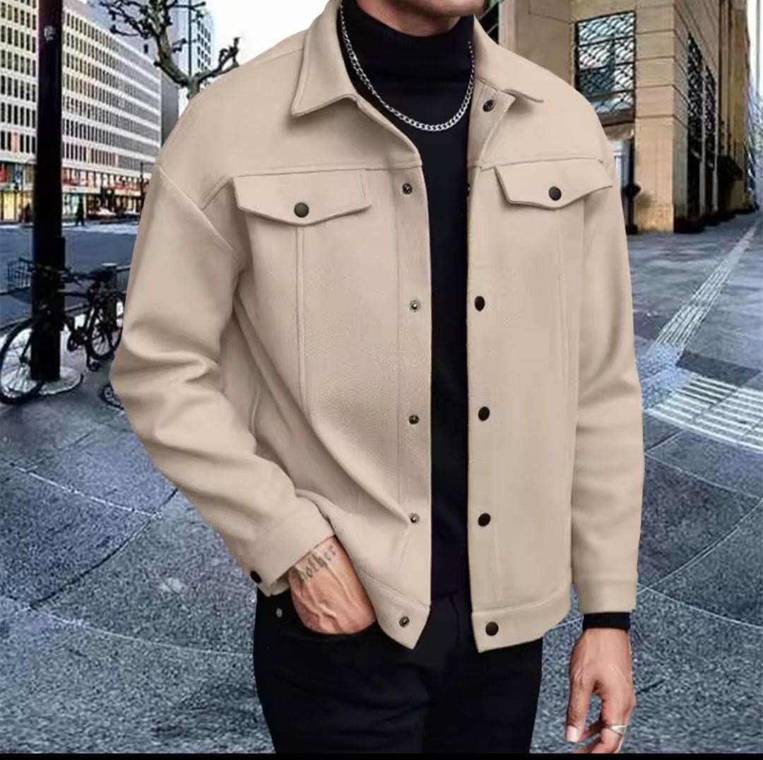 Men's Wool Collar Short Jacket – Business Casual Cardigan with Chest Pocket - GLITCH - BELLE