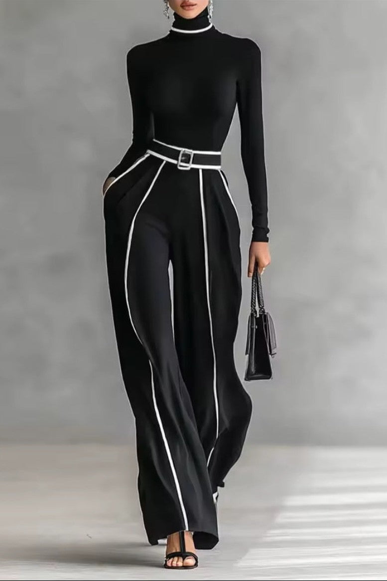 Spring Women's Color Matching Two-Piece Set – High Neck Slim Top & Wide-Leg Pants Suit - GLITCH-BELLE