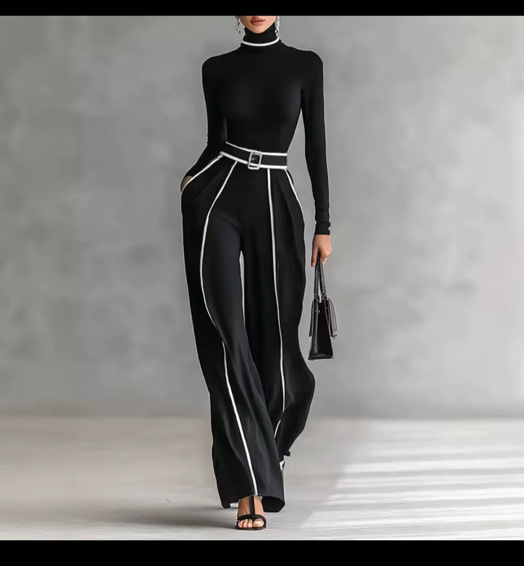 Spring Women's Color Matching Two - Piece Set – High Neck Slim Top & Wide - Leg Pants Suit - GLITCH - BELLE