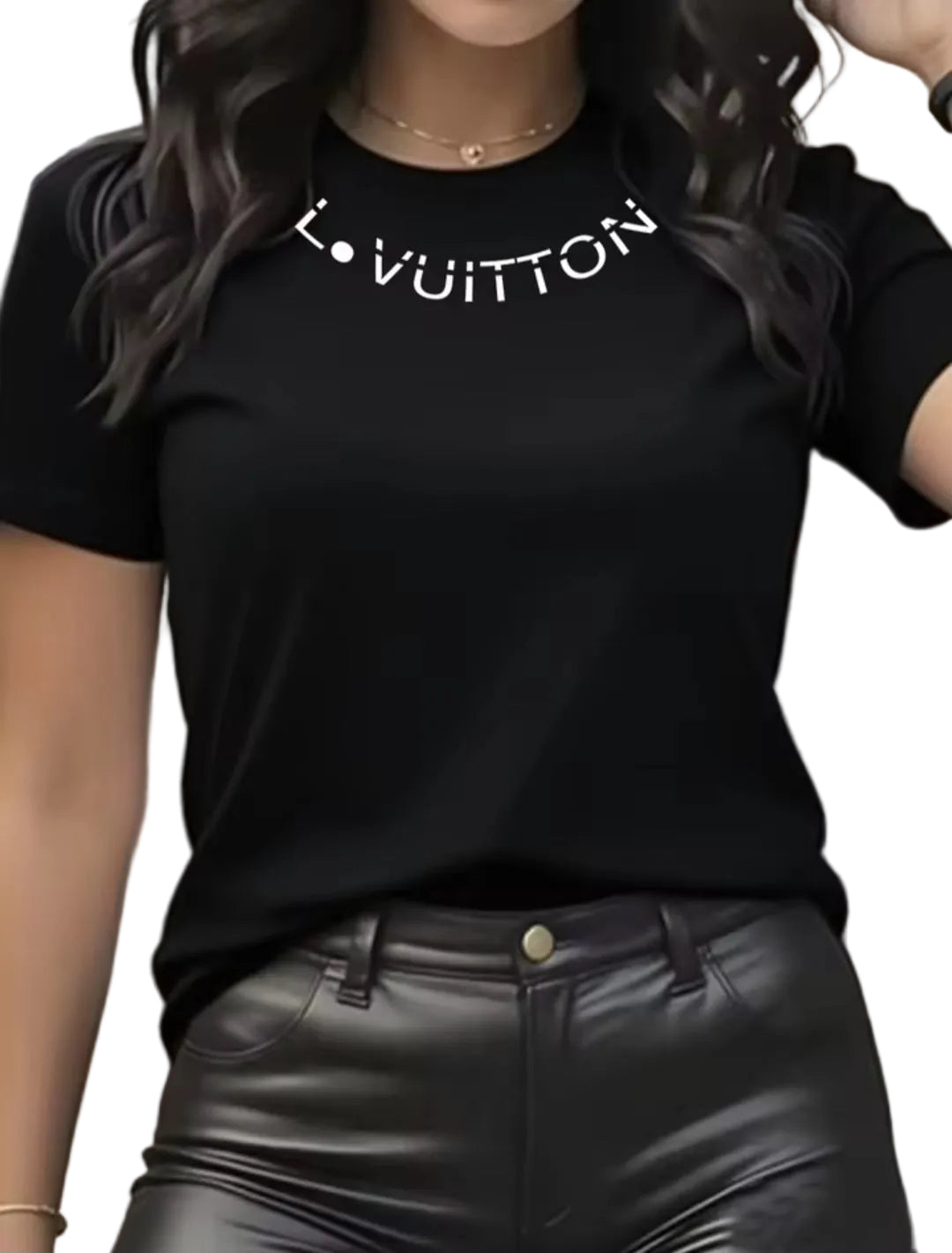 Person wearing a black t-shirt with 'LOUIS VUITTON' text.