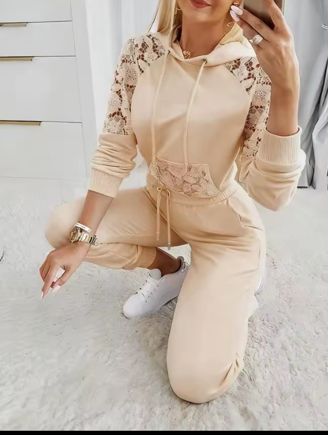 Women's Guipure Lace Spliced Hoodie Sweatshirt & Jogger Sweatpants 2 - Piece Set - GLITCH - BELLE