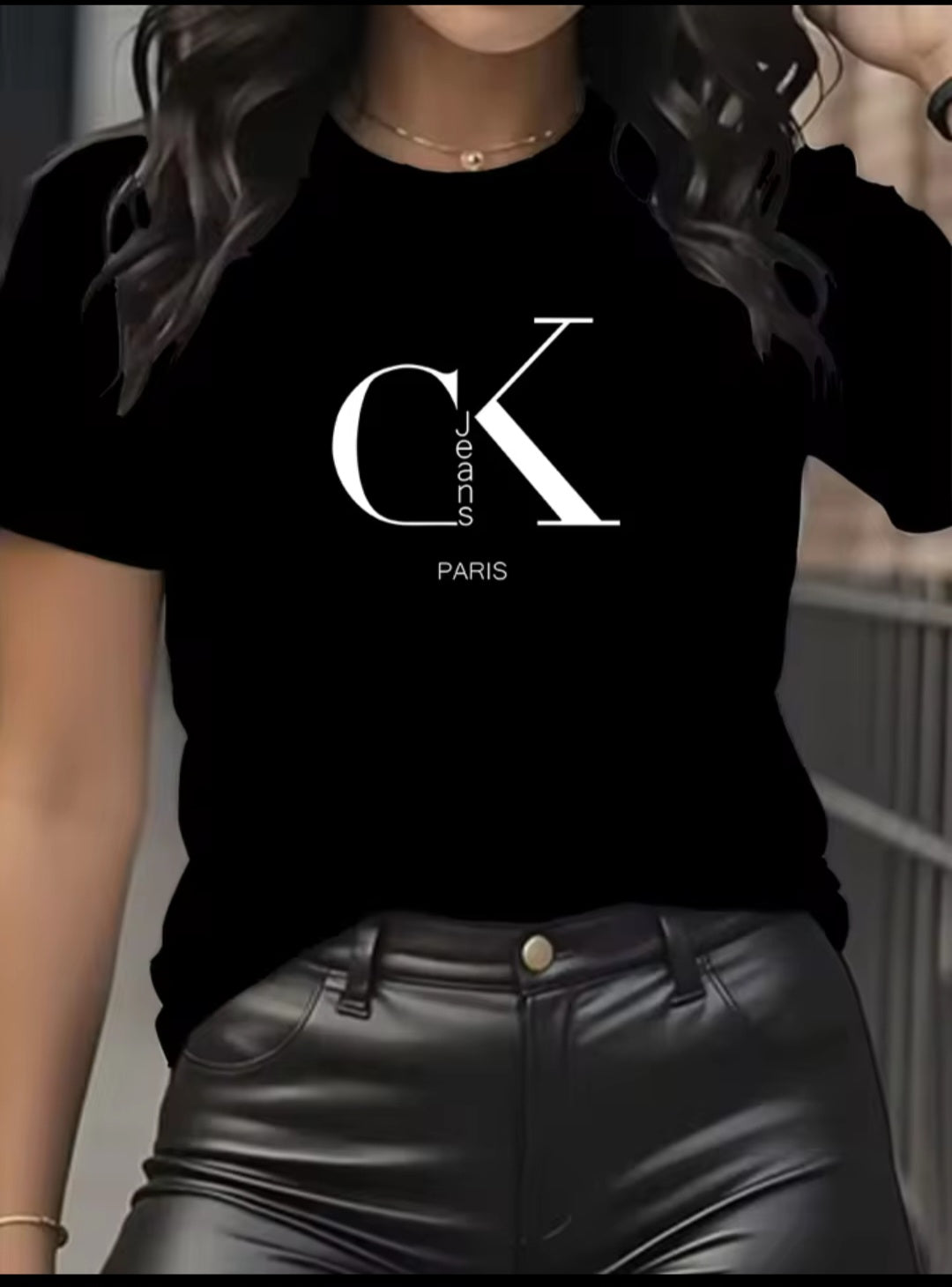 Model wearing T-shirt with CK paris