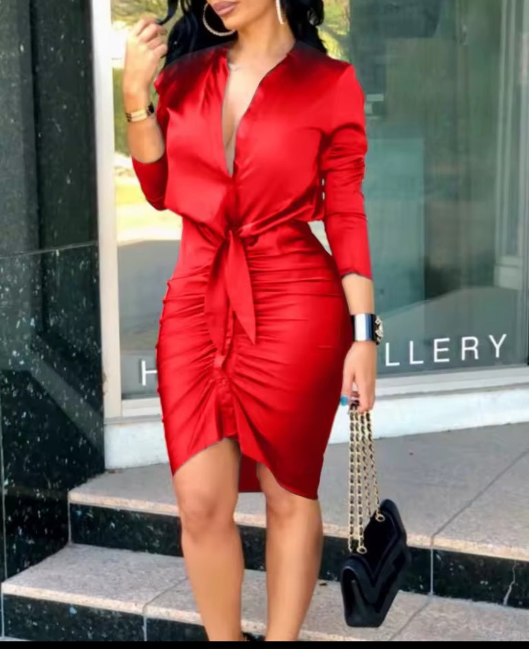 V-Neck Long Sleeve Wrap Midi Dress
