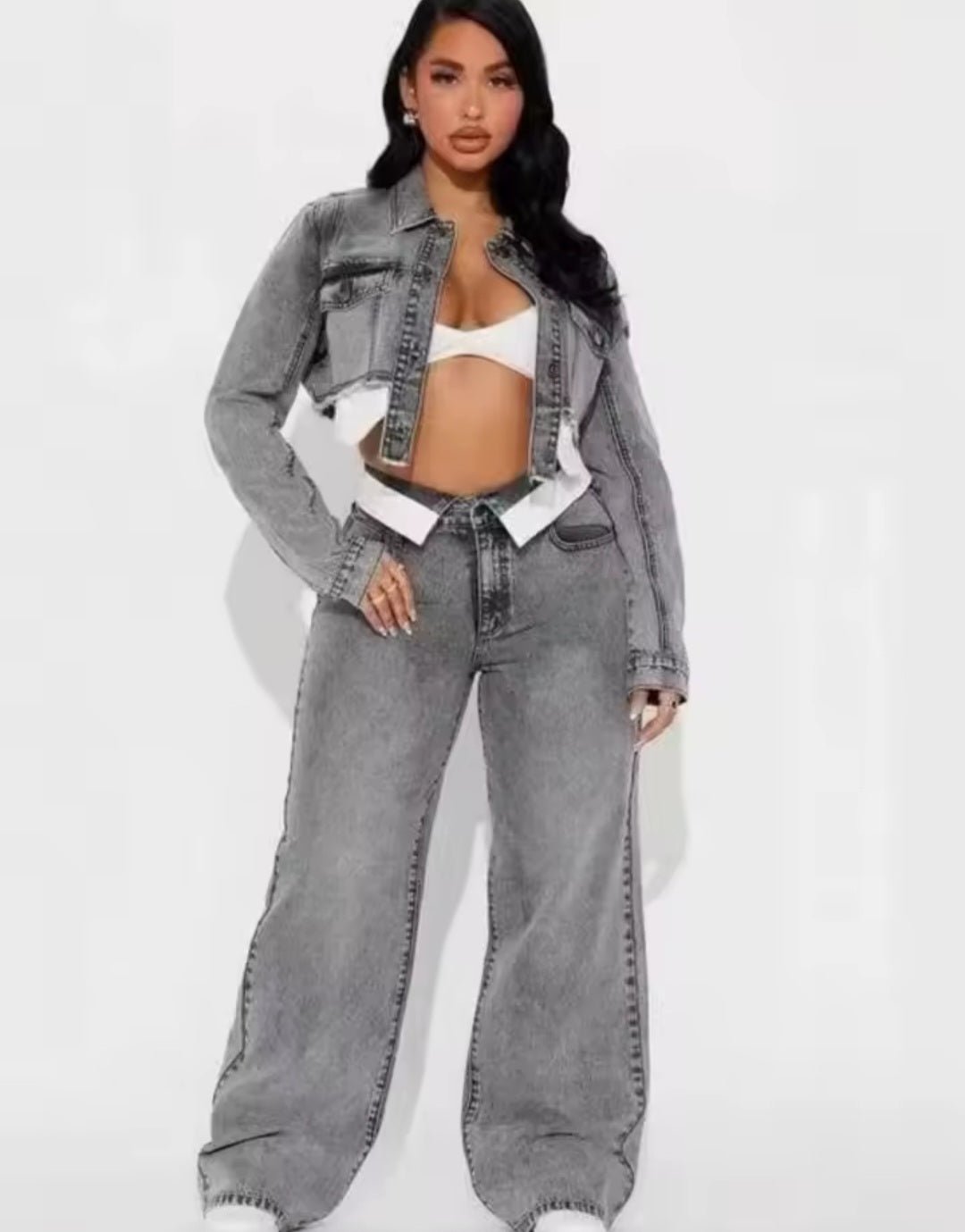 Streetwear Denim 2 - Piece Tracksuit Set | Long Sleeve Jacket & Straight - Leg Jeans - GLITCH - BELLE