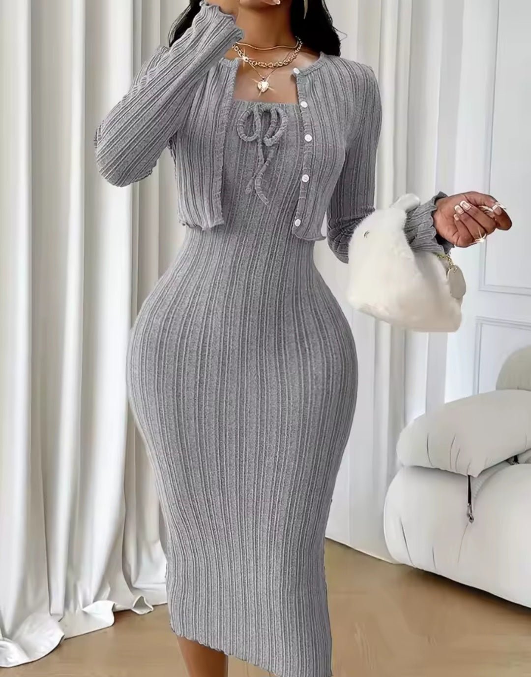 Slim Knitted Coat & Dress 2 - Piece Set – Women's Autumn Winter New Fashion Suit - GLITCH - BELLE