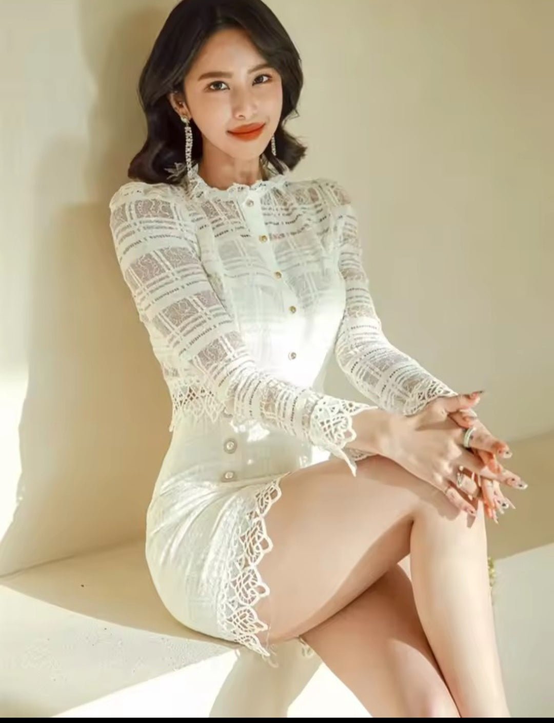 Women's Autumn Long Sleeve Lace Top & High Waist Wrap Hip Pencil Skirt Office Suit - GLITCH - BELLE