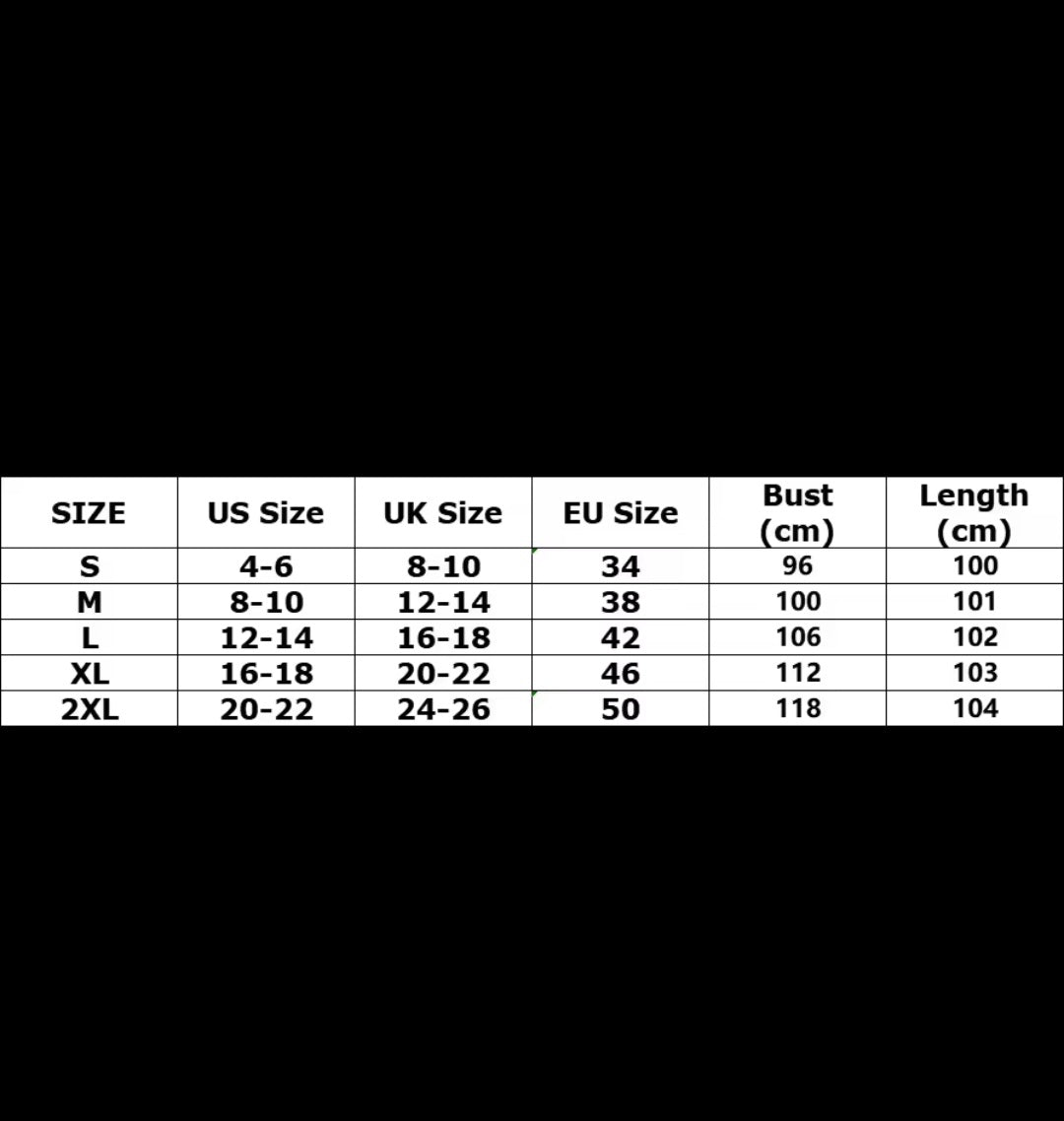 Size chart for clothing with US, UK, EU sizes and measurements.