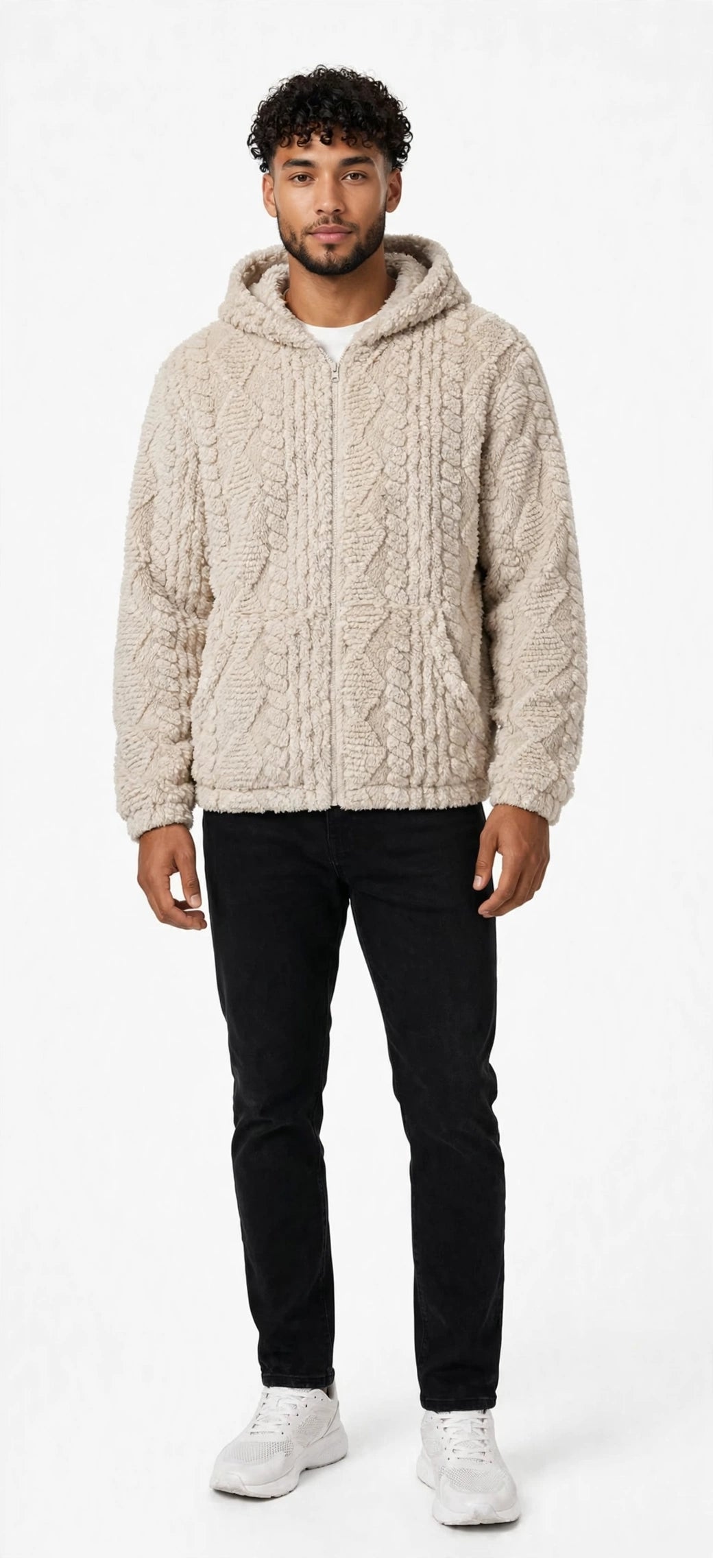 Jacquard Plush Zip-Up Hoodie Cardigan – Men's