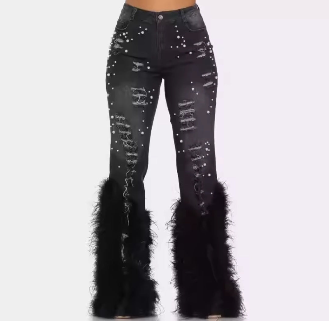 Women's Feather Hem Distressed Denim – Y2K High Waist Flare Jeans