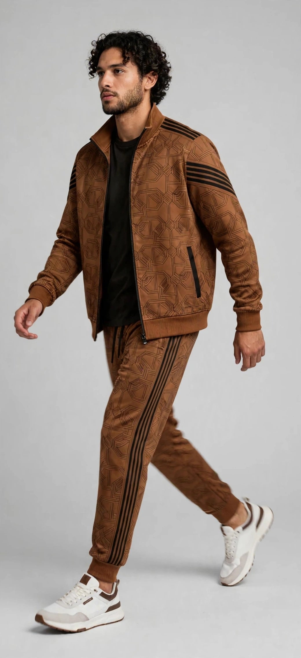 Men's Premium Urban Tracksuit Set – Stand Collar, Geometric Pattern, Plus Size