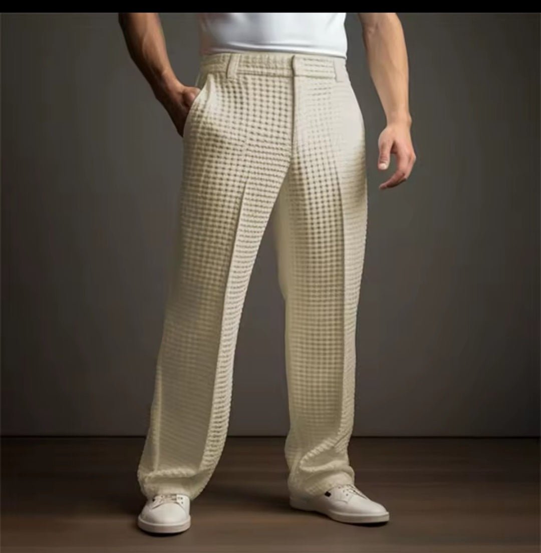 Men's Elegant Waffle Suit Pants – Solid Loose Straight Trousers | Business Casual & Vacation - GLITCH - BELLE