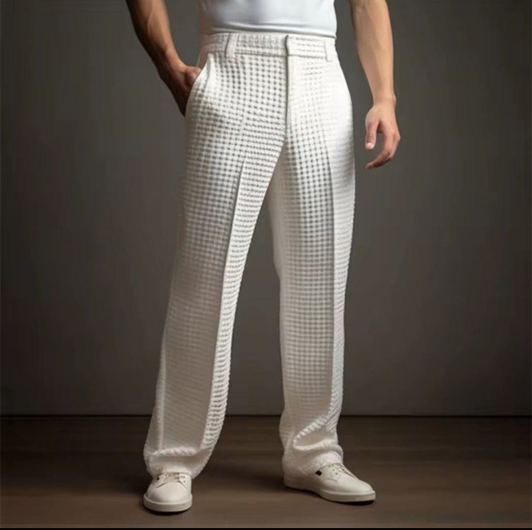 Men's Elegant Waffle Suit Pants – Solid Loose Straight Trousers | Business Casual & Vacation - GLITCH - BELLE