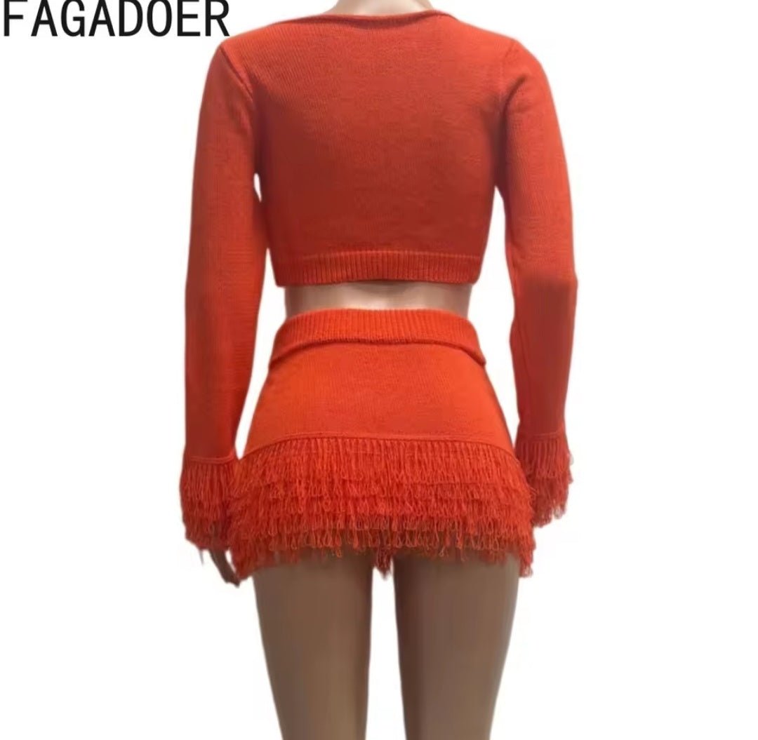 Winter Tassel 2 - Piece Set – Long Sleeve Crop Top & Mini Skirt Streetwear Outfit - GLITCH - BELLE