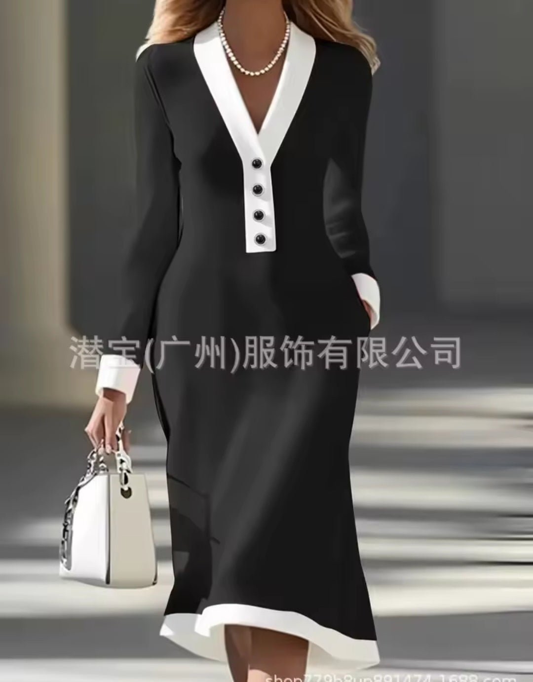 Color - Block Button V - Neck Long Sleeve Slim Maxi Dress – Women's Elegant Office Dress 2026 - GLITCH - BELLE