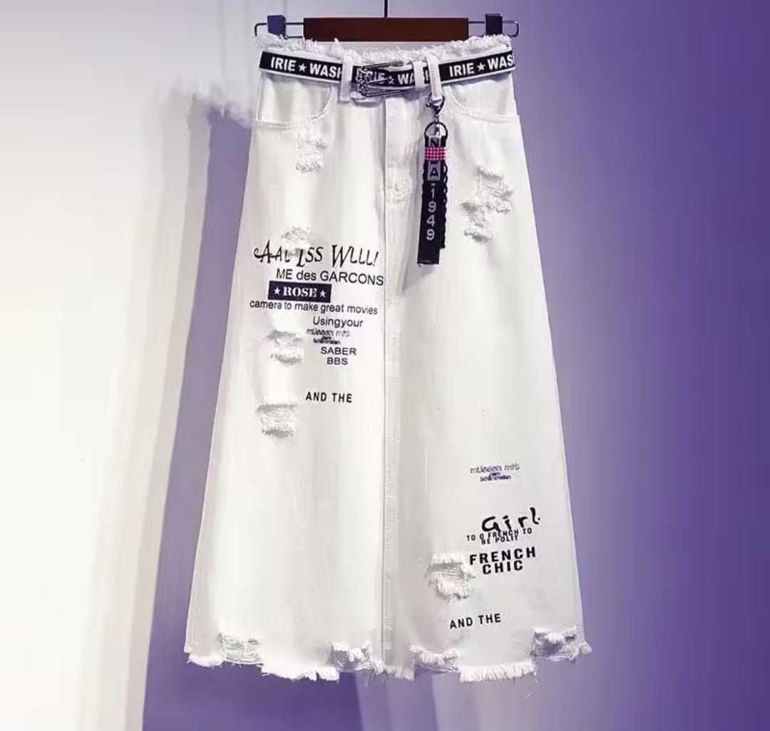 White Denim Letter Print Maxi Skirt - GLITCH - BELLE
