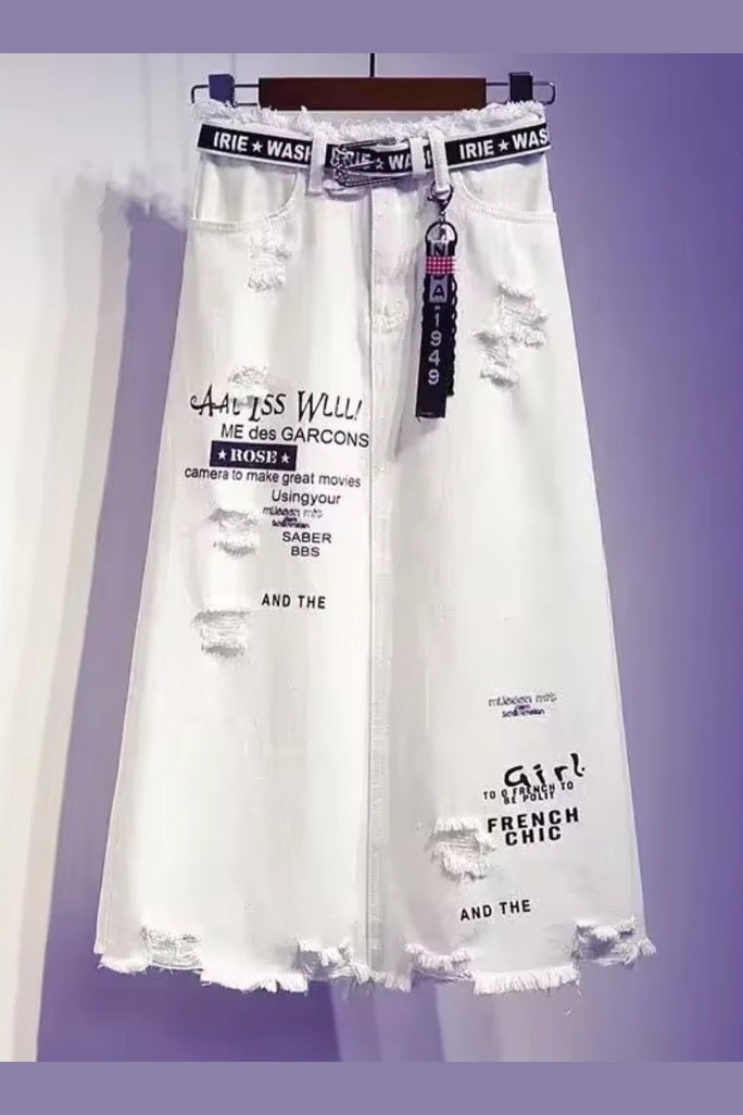 White Denim Letter Print Maxi Skirt - GLITCH-BELLE