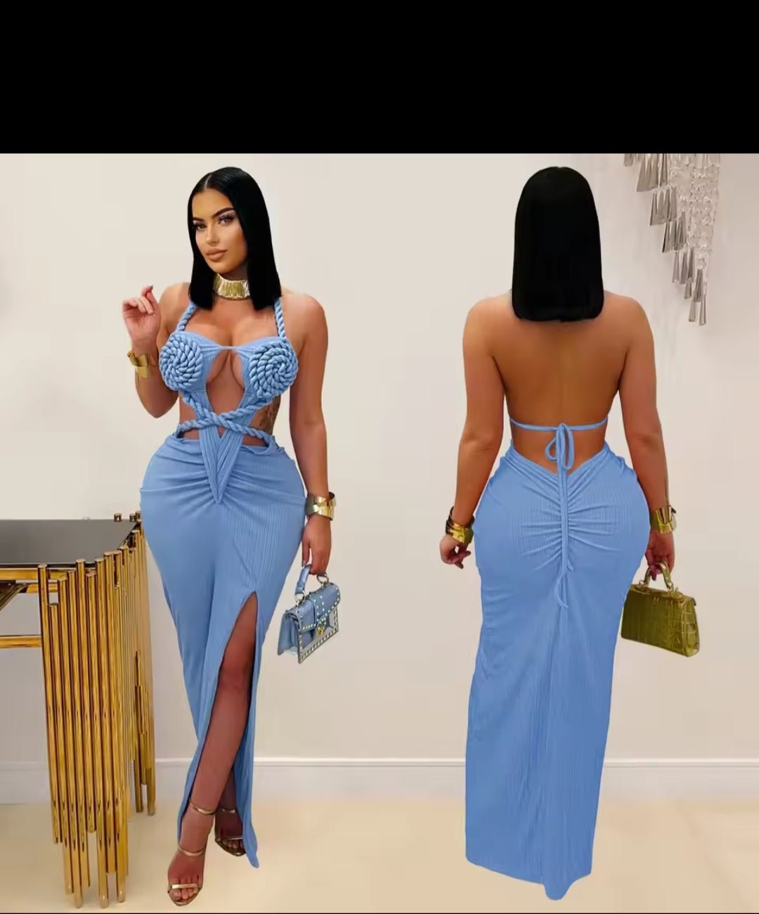 Women's Hollow Out Knitted Halter Neck Backless Maxi Dress - GLITCH - BELLE