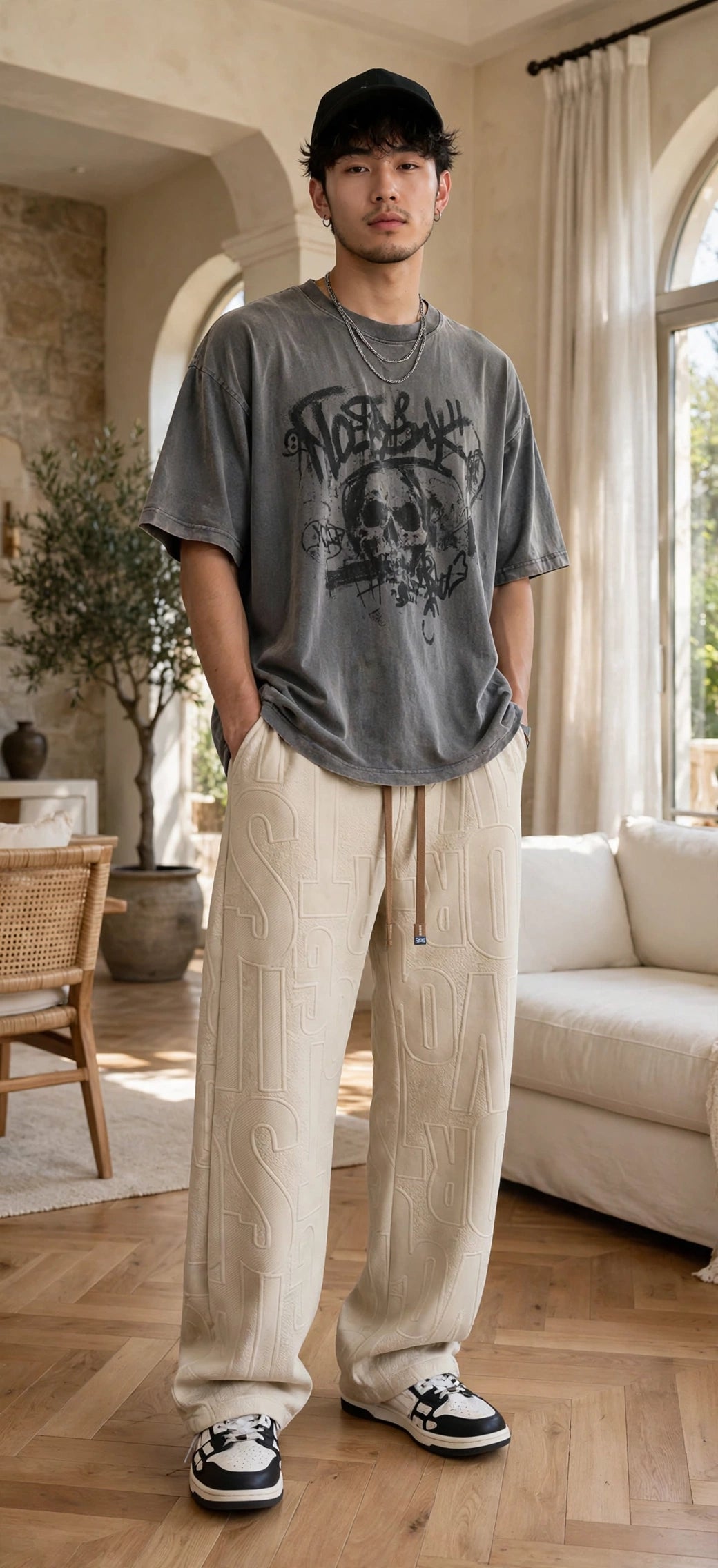 Men's Straight Leg Jacquard Trousers – Elastic Waist Casual Pants