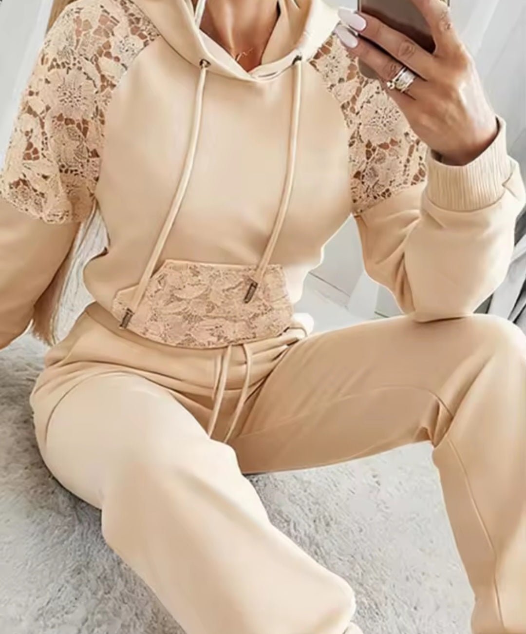 Women's Guipure Lace Spliced Hoodie Sweatshirt & Jogger Sweatpants 2 - Piece Set - GLITCH - BELLE