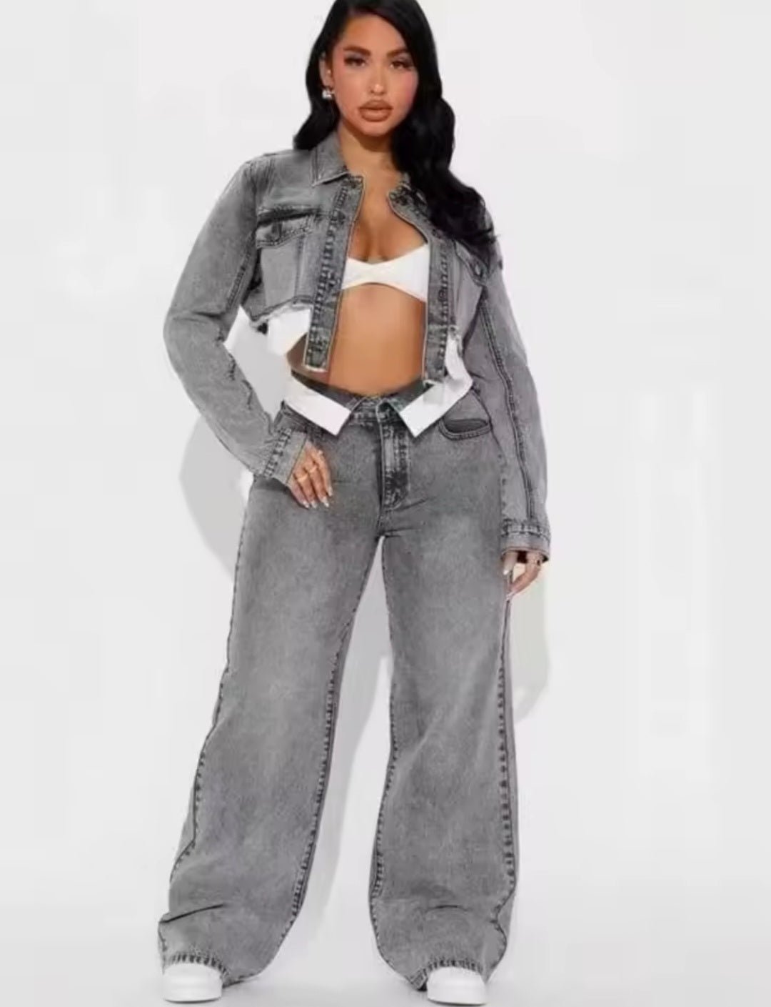Streetwear Denim 2 - Piece Tracksuit Set | Long Sleeve Jacket & Straight - Leg Jeans - GLITCH - BELLE