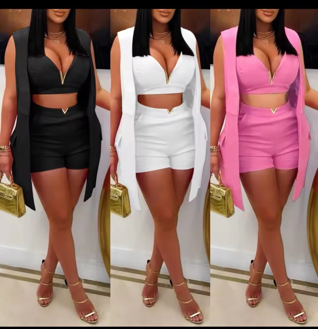 3 - Piece Sleeveless Blazer Crop Top & Shorts Matching Set – Women's Sexy Summer Spring Fashion Suit 2025 - GLITCH - BELLE
