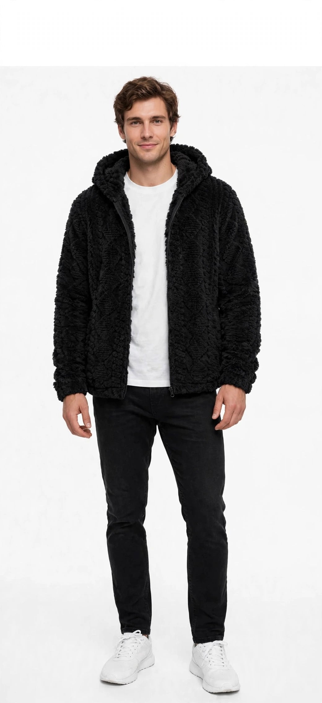 Jacquard Plush Zip-Up Hoodie Cardigan – Men's