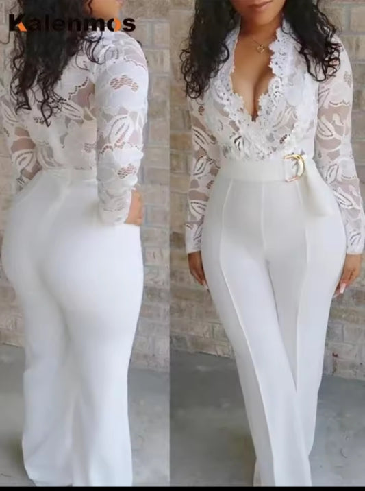 Jumpsuit Woman Luxe 2025 – White Lace V-Neck Long Sleeve One Piece