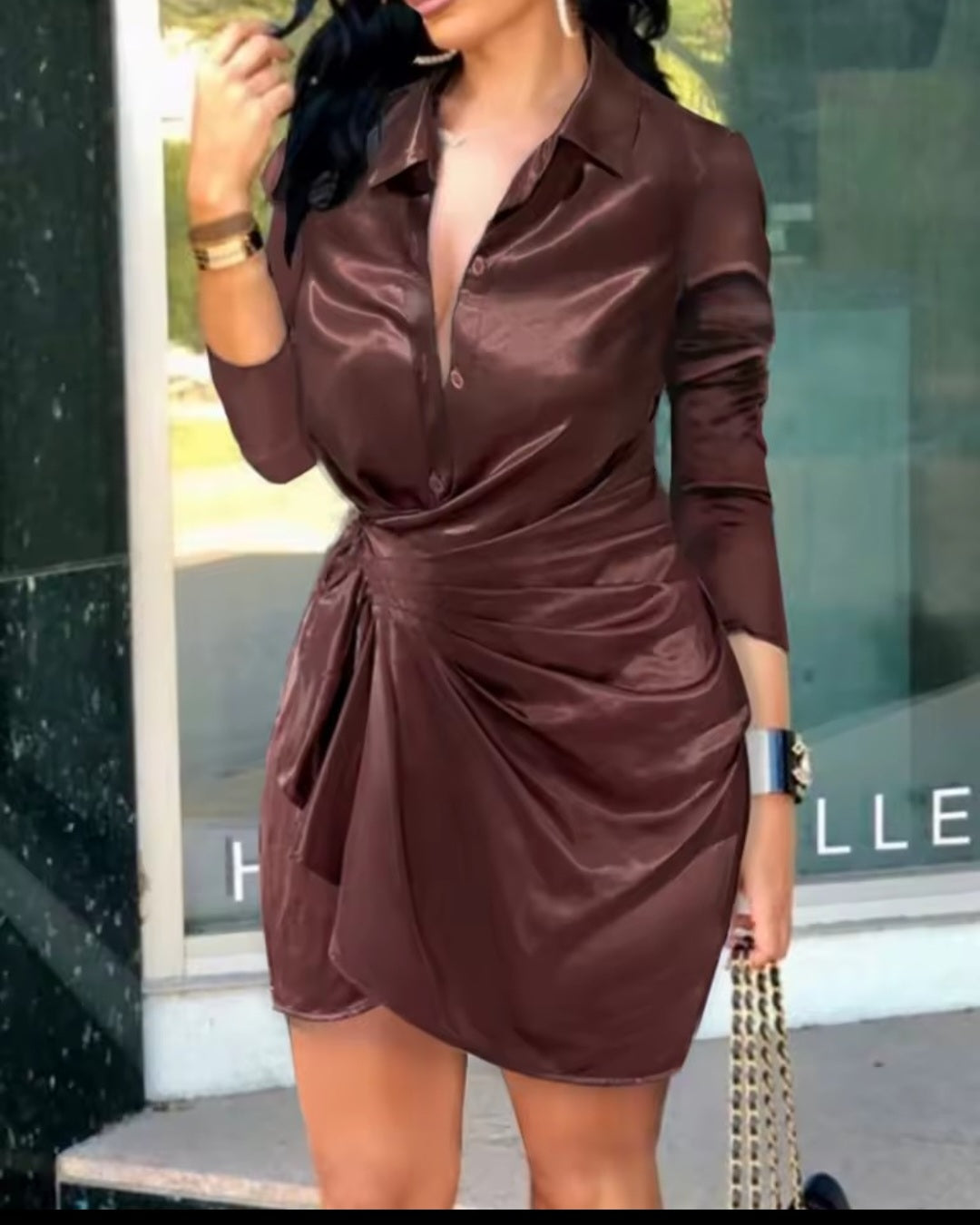 V-Neck Long Sleeve Wrap Midi Dress