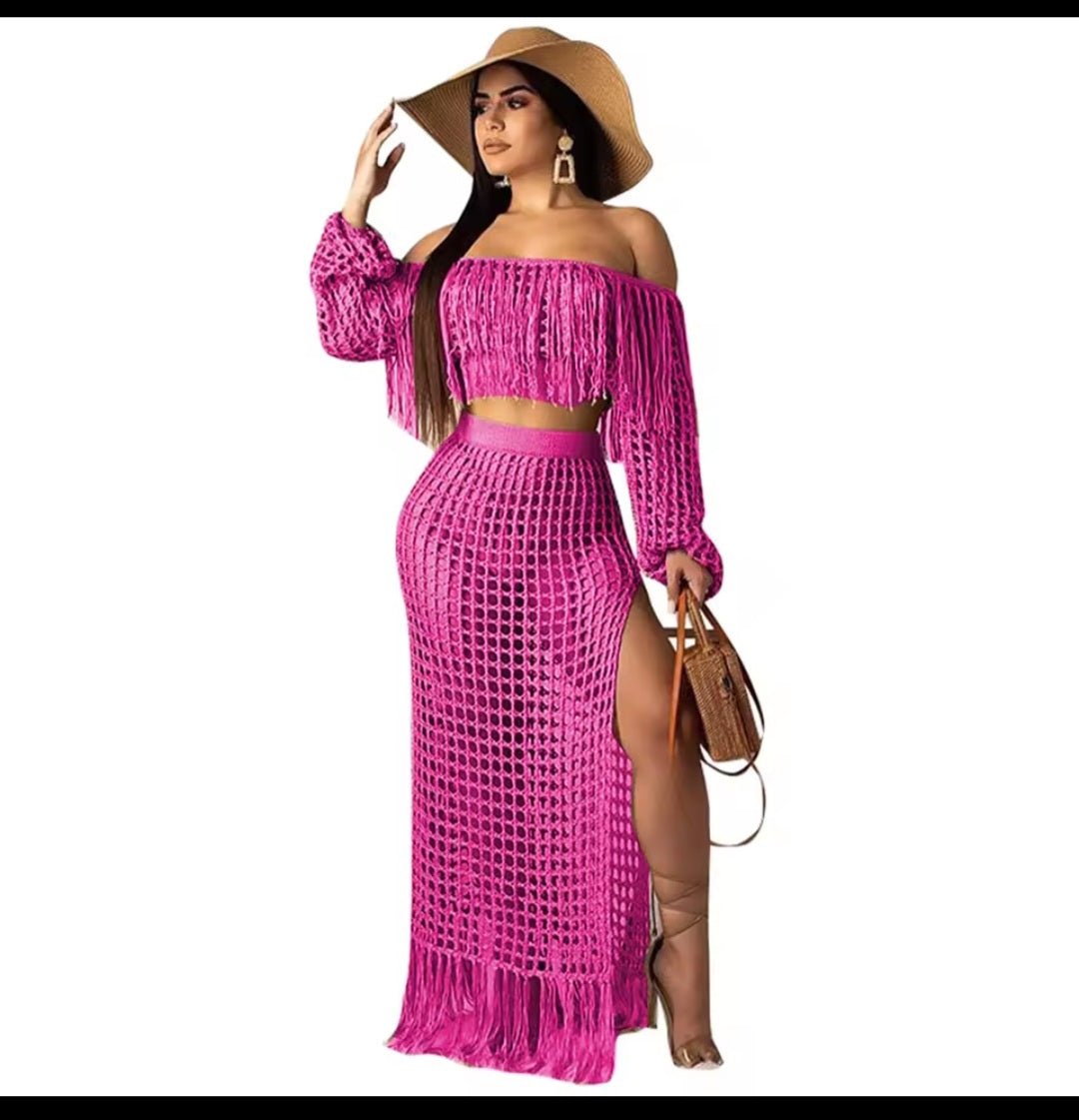 Skirt 2 Piece Set Women Beach Long Skirts Suit Top Off Shoulder Tassels Sexy Hollow Out Ensemble 2025 Summer Female Outfits - GLITCH - BELLE