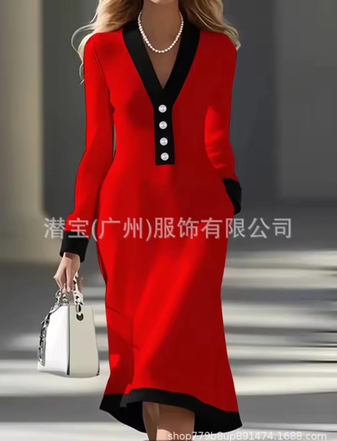 Color - Block Button V - Neck Long Sleeve Slim Maxi Dress – Women's Elegant Office Dress 2026 - GLITCH - BELLE