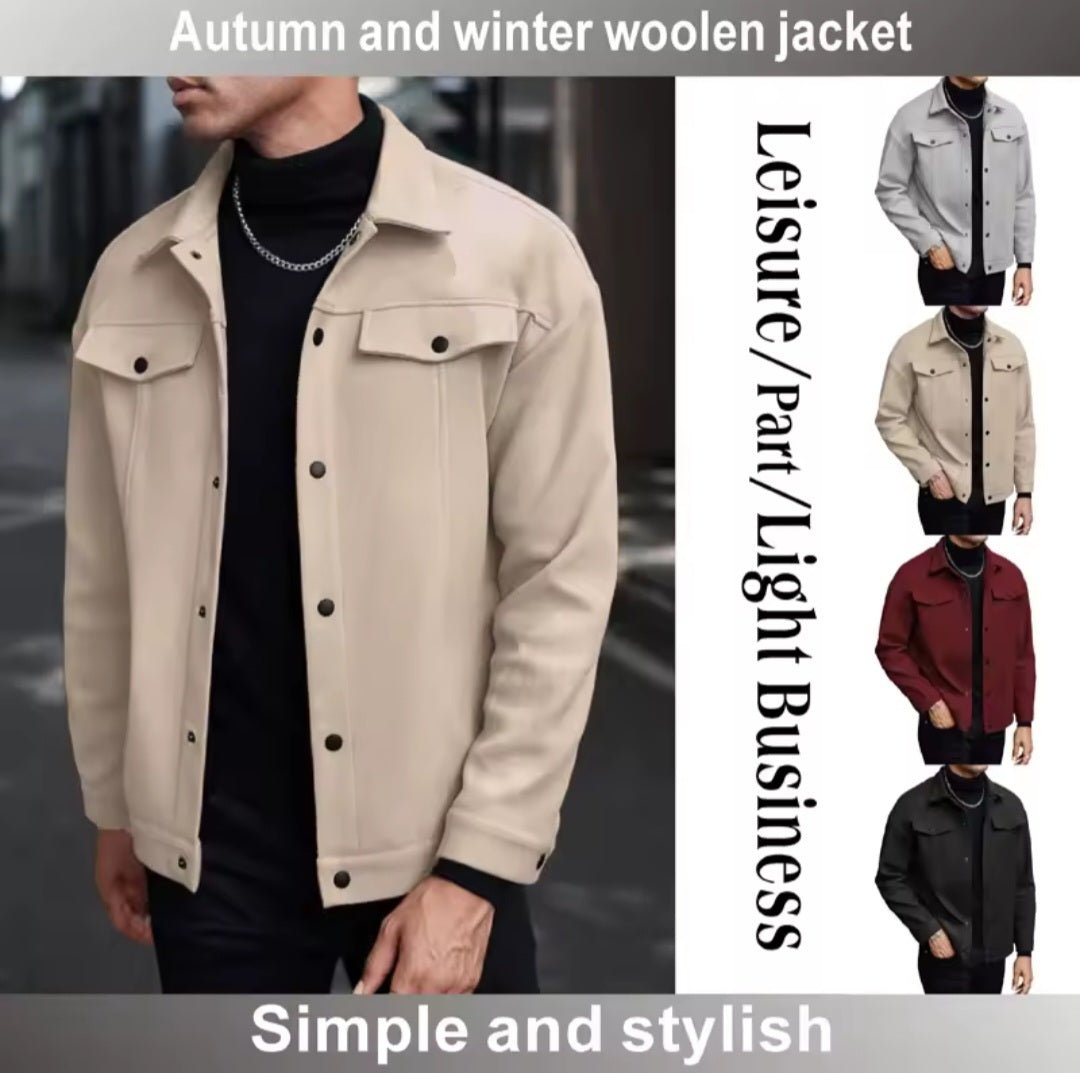 Men's Wool Collar Short Jacket – Business Casual Cardigan with Chest Pocket - GLITCH - BELLE