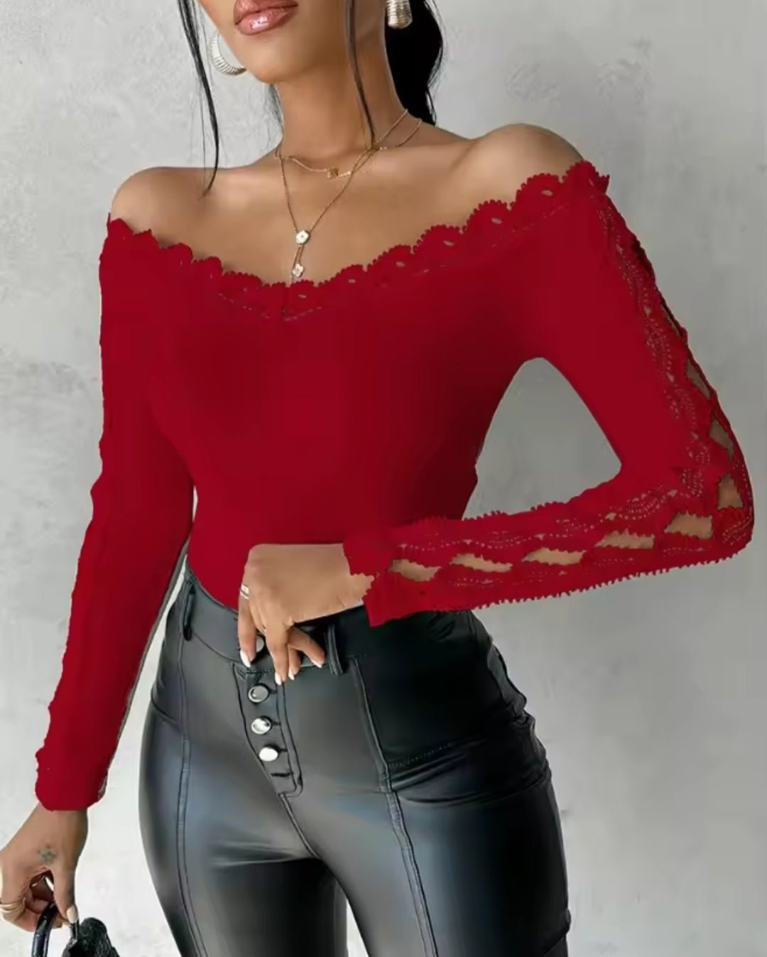 Off - Shoulder Hollow Lace Blouse – Women's Cutout Lace Top - GLITCH - BELLE