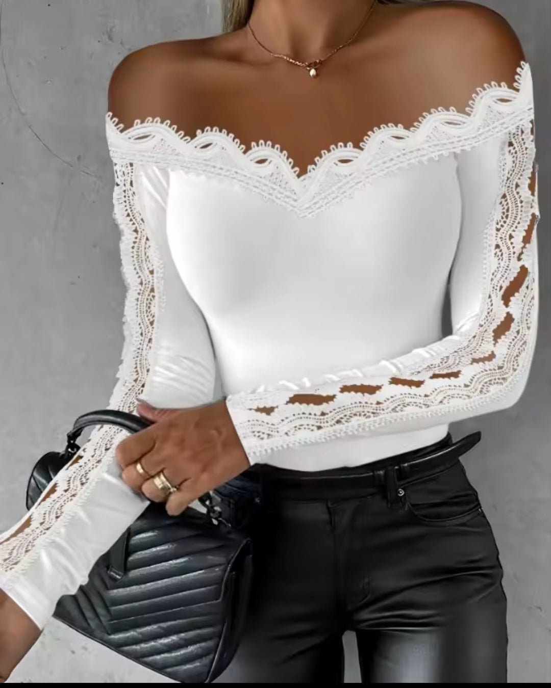 Off - Shoulder Hollow Lace Blouse – Women's Cutout Lace Top - GLITCH - BELLE
