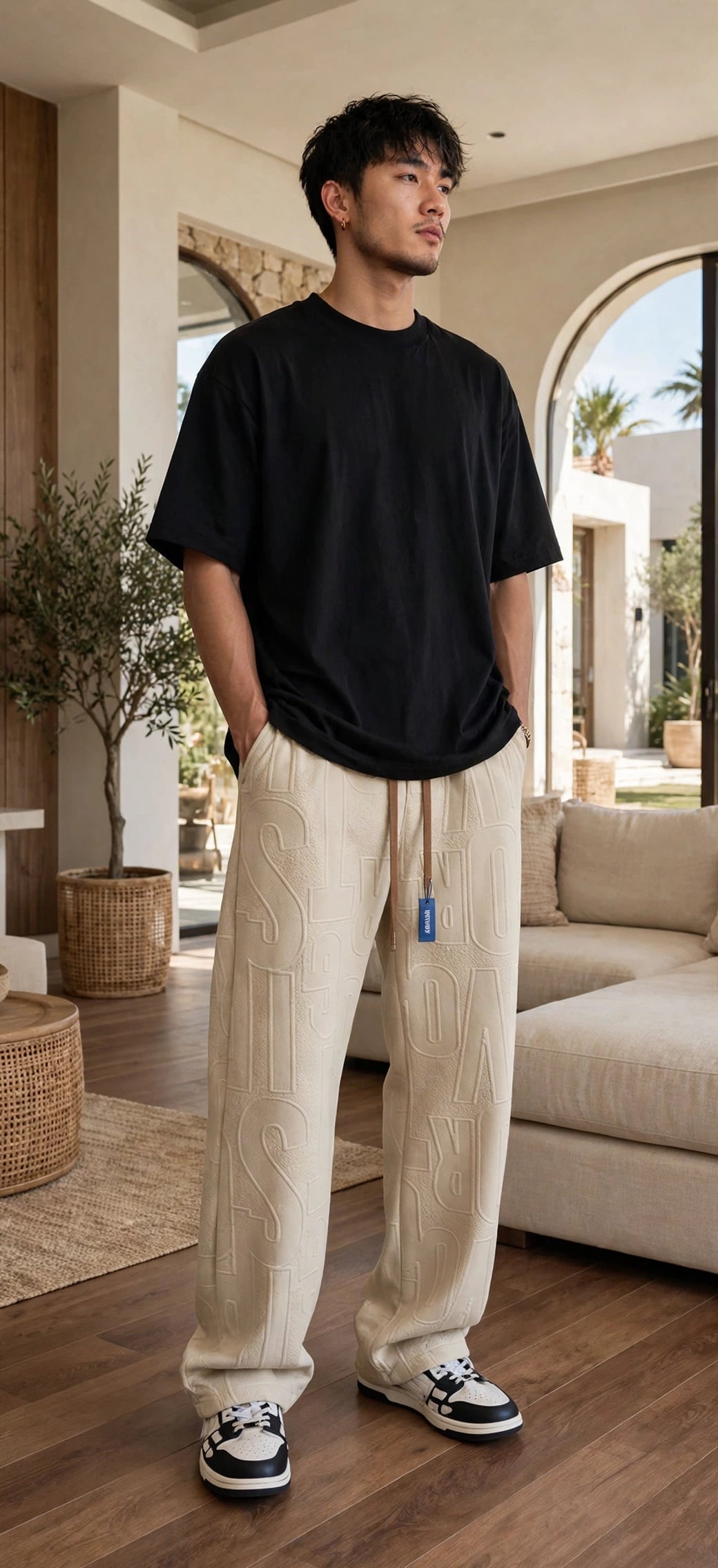 Men's Straight Leg Jacquard Trousers – Elastic Waist Casual Pants