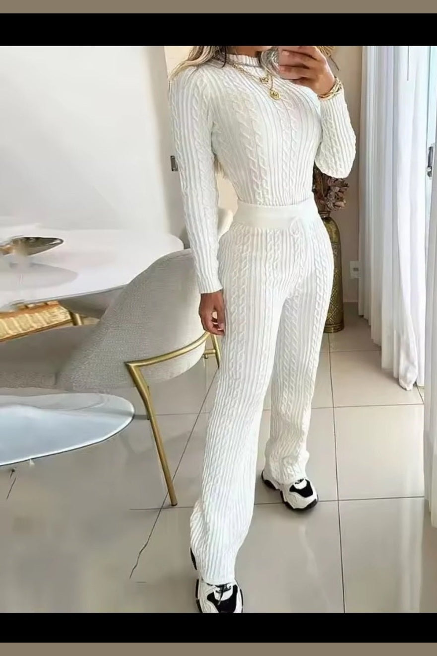 Knitted Women's Slim Long Slee Sweater 2-Piece Set –ve Crop Top & Pants Suit - GLITCH-BELLE