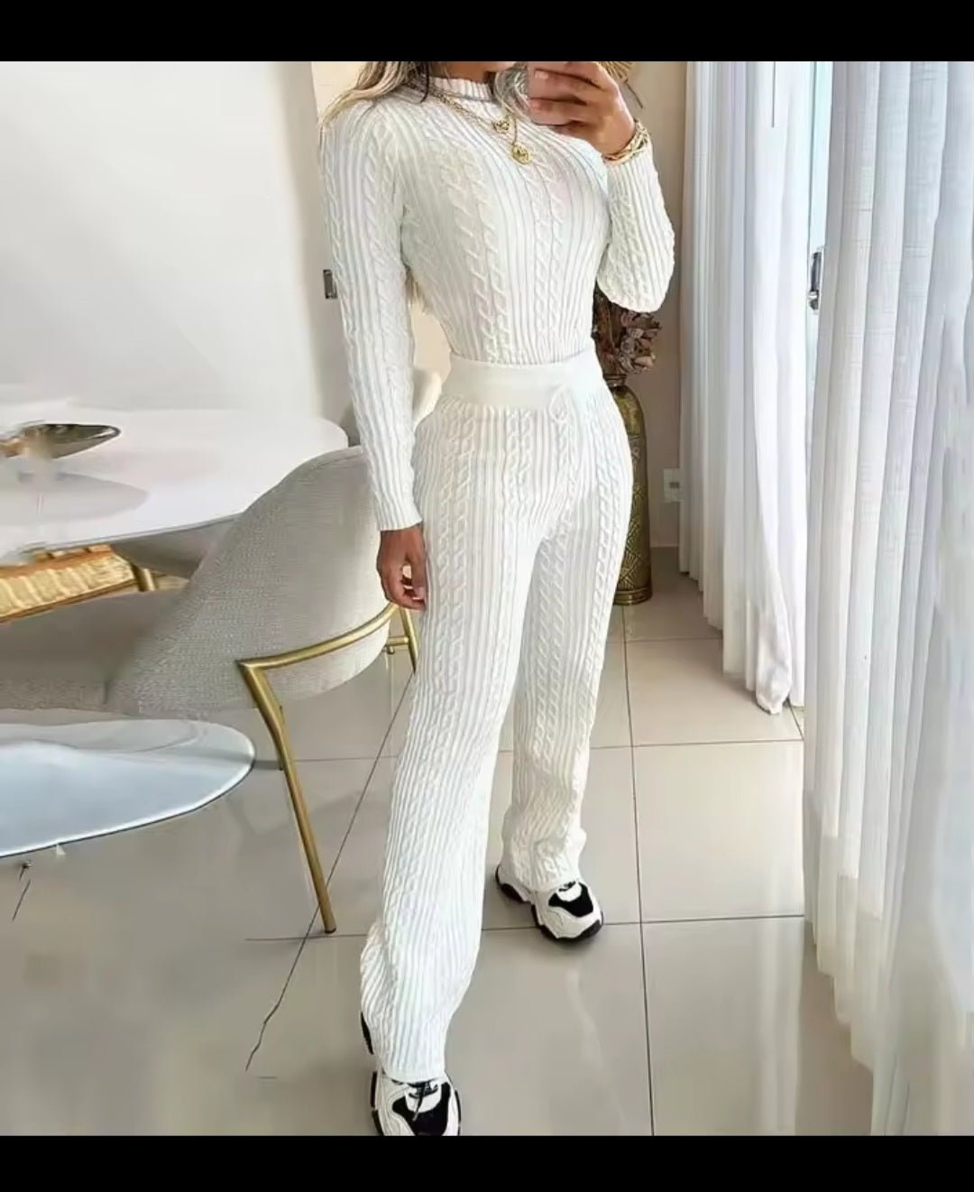 Knitted Women's Slim Long Slee Sweater 2 - Piece Set –ve Crop Top & Pants Suit - GLITCH - BELLE