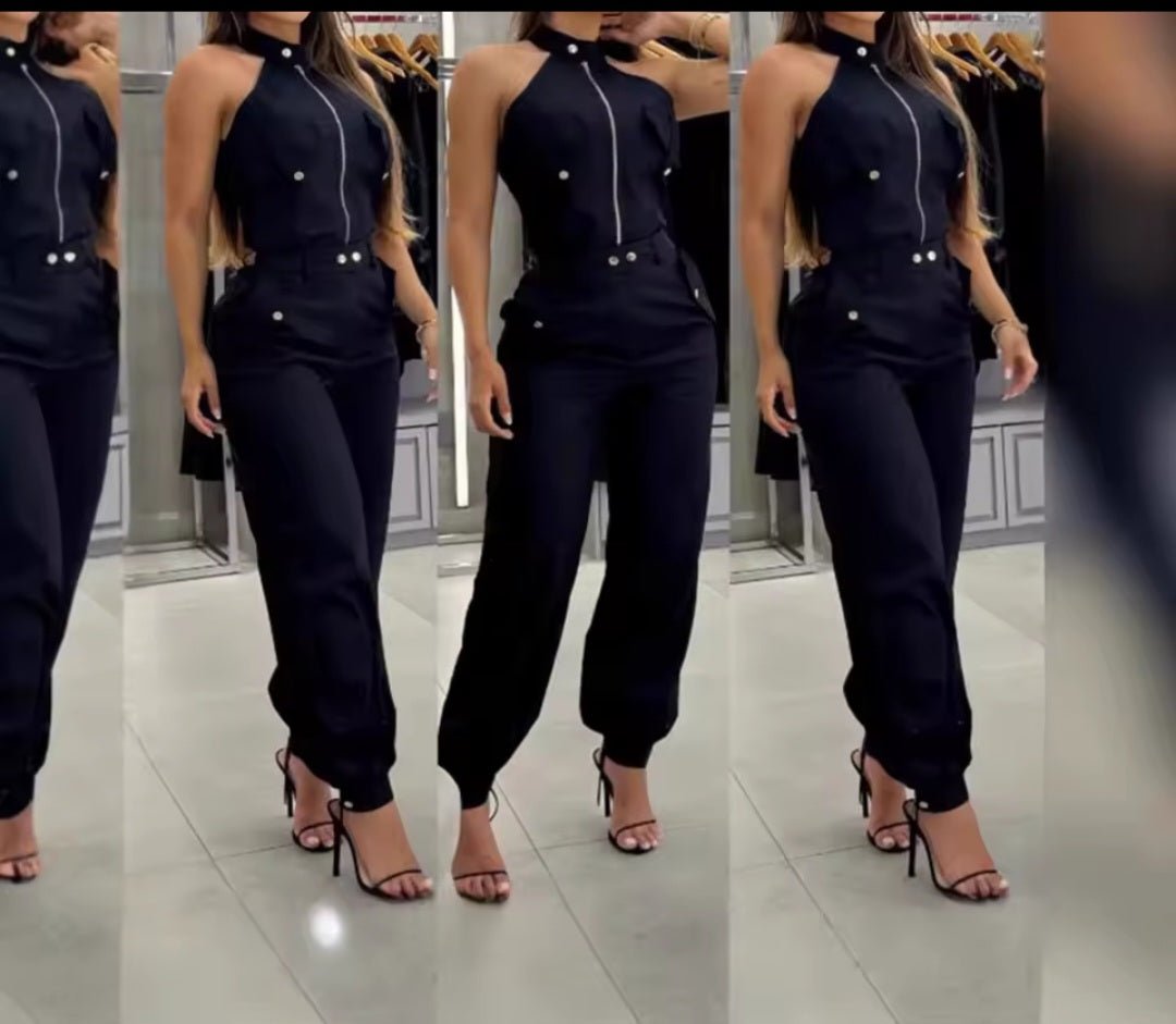 2025 Summer Women's Sleeveless Slim Fit Top & Wide - Leg Work Pants 2 - Piece Suit - GLITCH - BELLE