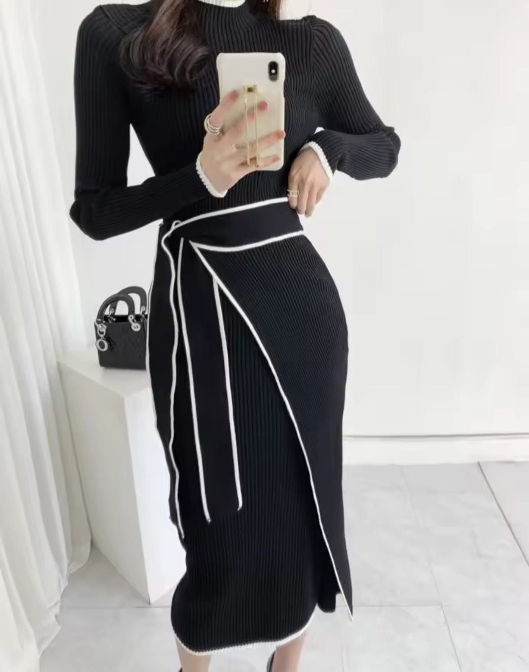 Retro Knitted Bodycon Dress – Women's Korean Fashion Half High Collar Lace Up Elegant Sweater Dress Autumn Winter - GLITCH - BELLE